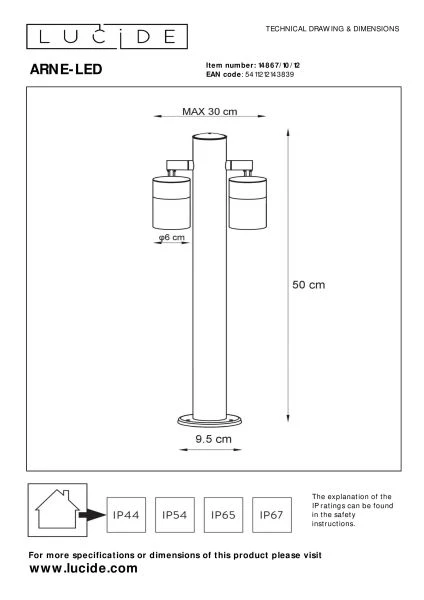 Lucide ARNE-LED - Bollard light - Ø 6,3 cm - LED - GU10 - 2x5W 2700K - IP44 - Satin Chrome - technical